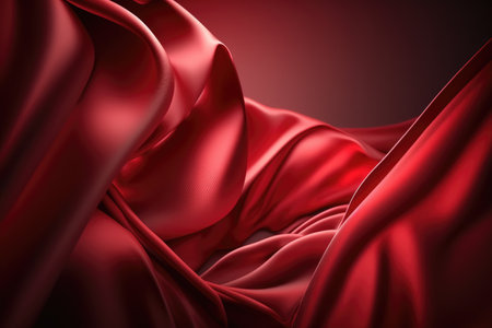 Red silk satin background. Abstract background luxury cloth or liquid wave or wavy folds. Generative AI.の素材