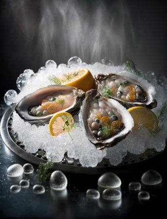 Fresh opened oysters in a plate with ice and lemon, seafood. Generative AI.の素材
