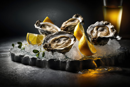 Fresh opened oysters in a plate with ice and lemon, seafood. Generative AI.の素材
