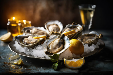 Fresh opened oysters in a plate with ice and lemon, seafood. Generative AI.の素材