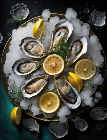 Fresh opened oysters in a plate with ice and lemon, seafood. Generative AI.の素材