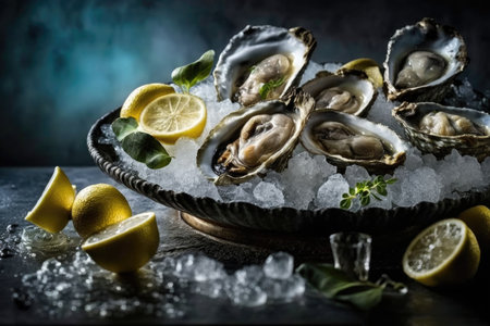 Fresh opened oysters in a plate with ice and lemon, seafood. Generative AI.の素材