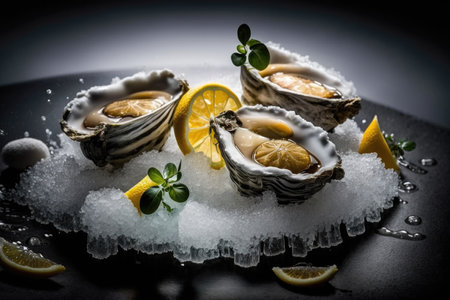Fresh opened oysters in a plate with ice and lemon, seafood. Generative AI.の素材