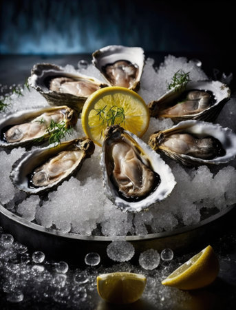 Fresh opened oysters in a plate with ice and lemon, seafood. Generative AI.の素材