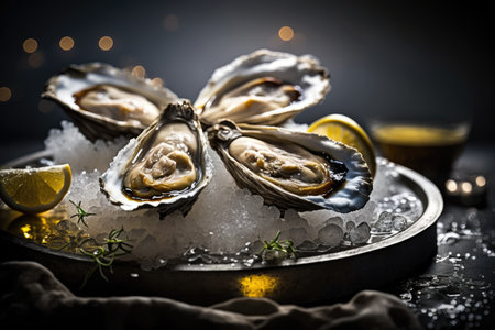 Fresh opened oysters in a plate with ice and lemon, seafood. Generative AI.の素材