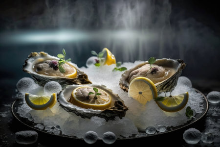 Fresh opened oysters in a plate with ice and lemon, seafood. Generative AI.の素材
