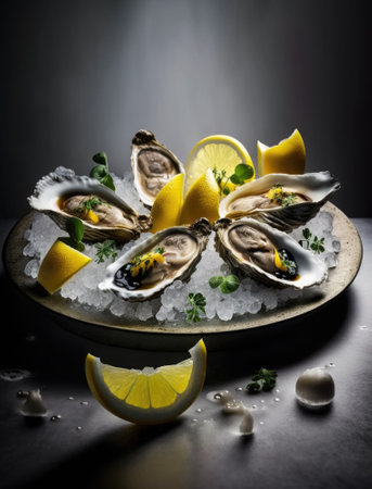 Fresh opened oysters in a plate with ice and lemon, seafood. Generative AI.の素材