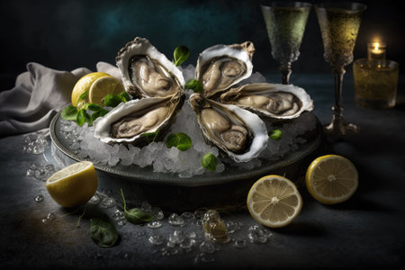 Fresh opened oysters in a plate with ice and lemon, seafood. Generative AI.の素材