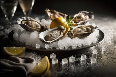 Fresh opened oysters in a plate with ice and lemon, seafood. Generative AI.の素材