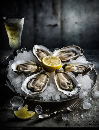 Fresh opened oysters in a plate with ice and lemon, seafood. Generative AI.の素材
