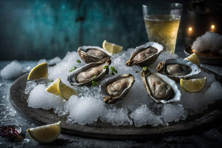 Fresh opened oysters in a plate with ice and lemon, seafood. Generative AI.の素材
