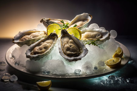 Fresh opened oysters in a plate with ice and lemon, seafood. Generative AI.の素材