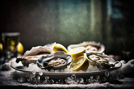 Fresh opened oysters in a plate with ice and lemon, seafood. Generative AI.の素材