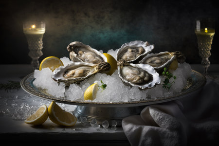 Fresh opened oysters in a plate with ice and lemon, seafood. Generative AI.の素材