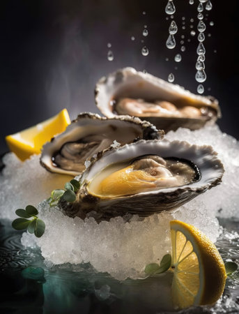 Fresh opened oysters in a plate with ice and lemon, seafood. Generative AI.の素材