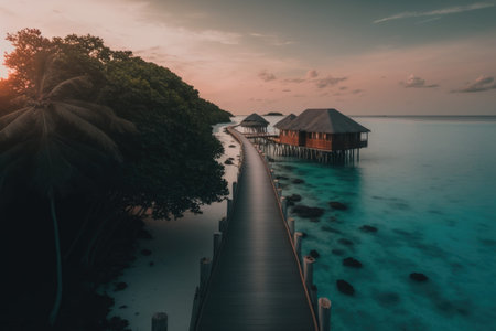 Amazing drone view of the beach and water with beautiful colors. Maldives paradise scenery water villas with amazing sea and lagoon beach, tropical nature, summer vacation. Generative AI.の素材