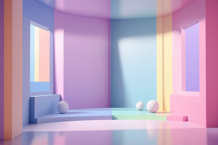 Stand podium wall scene pastel color background, geometric shape for product display presentation, 3D. Generative AI.の素材