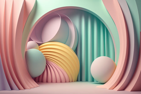Stand podium wall scene pastel color background, geometric shape for product display presentation, 3D. Generative AI.の素材