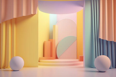 Stand podium wall scene pastel color background, geometric shape for product display presentation, 3D. Generative AI.の素材