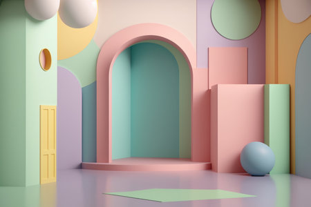 Stand podium wall scene pastel color background, geometric shape for product display presentation, 3D. Generative AI.の素材