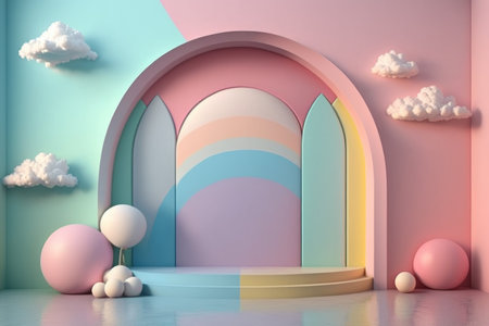 Stand podium wall scene pastel color background, geometric shape for product display presentation, 3D. Generative AI.の素材