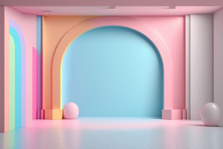 Stand podium wall scene pastel color background, geometric shape for product display presentation, 3D. Generative AI.の素材