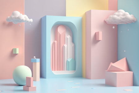 Stand podium wall scene pastel color background, geometric shape for product display presentation, 3D. Generative AI.の素材