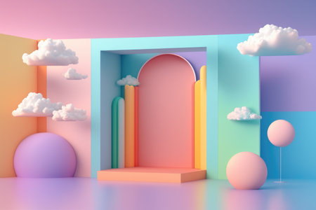 Stand podium wall scene pastel color background, geometric shape for product display presentation, 3D. Generative AI.の素材