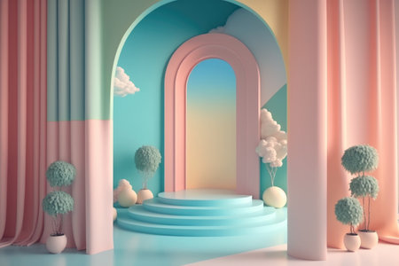 Stand podium wall scene pastel color background, geometric shape for product display presentation, 3D. Generative AI.の素材