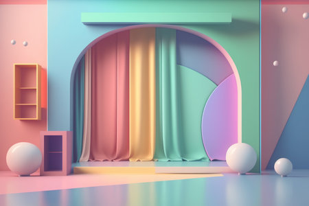 Stand podium wall scene pastel color background, geometric shape for product display presentation, 3D. Generative AI.の素材