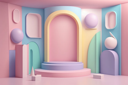 Stand podium wall scene pastel color background, geometric shape for product display presentation, 3D. Generative AI.の素材