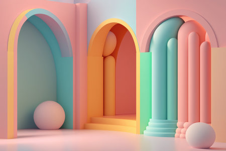 Stand podium wall scene pastel color background, geometric shape for product display presentation, 3D. Generative AI.の素材