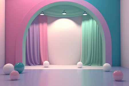Stand podium wall scene pastel color background, geometric shape for product display presentation, 3D. Generative AI.の素材