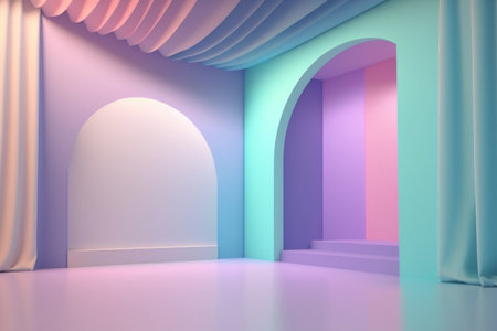 Stand podium wall scene pastel color background, geometric shape for product display presentation, 3D. Generative AI.の素材