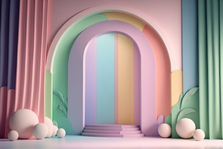 Stand podium wall scene pastel color background, geometric shape for product display presentation, 3D. Generative AI.の素材