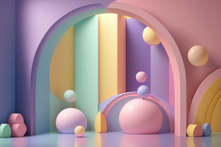Stand podium wall scene pastel color background, geometric shape for product display presentation, 3D. Generative AI.の素材
