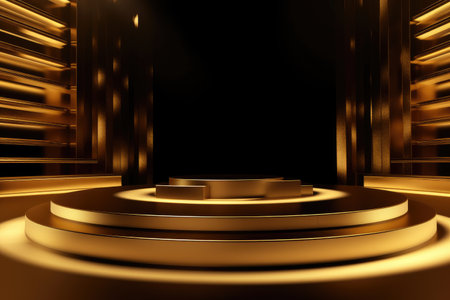 Gold podium color 3D background with geometric shapes for product presentation minimal style, stage. Generative AI.の素材