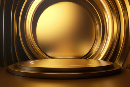 Gold podium color 3D background with geometric shapes for product presentation minimal style, stage. Generative AI.の素材