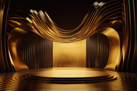 Gold podium color 3D background with geometric shapes for product presentation minimal style, stage. Generative AI.の素材