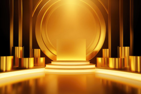 Gold podium color 3D background with geometric shapes for product presentation minimal style, stage. Generative AI.の素材