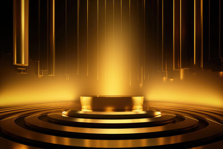 Gold podium color 3D background with geometric shapes for product presentation minimal style, stage. Generative AI.の素材