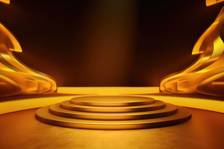 Gold podium color 3D background with geometric shapes for product presentation minimal style, stage. Generative AI.の素材