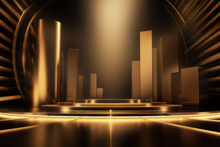 Gold podium color 3D background with geometric shapes for product presentation minimal style, stage. Generative AI.の素材
