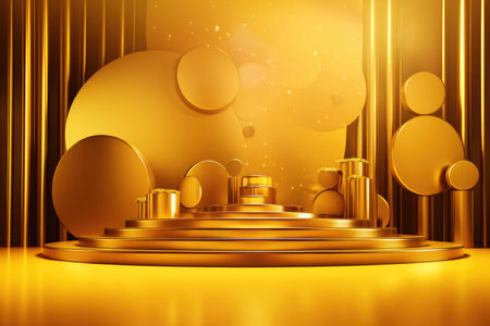 Gold podium color 3D background with geometric shapes for product presentation minimal style, stage. Generative AI.の素材