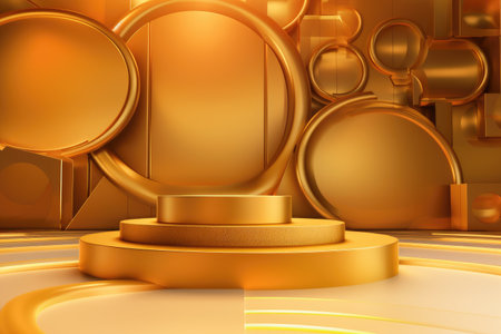 Gold podium color 3D background with geometric shapes for product presentation minimal style, stage. Generative AI.の素材