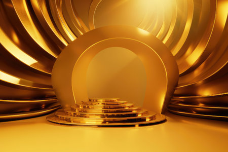 Gold podium color 3D background with geometric shapes for product presentation minimal style, stage. Generative AI.の素材