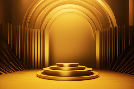 Gold podium color 3D background with geometric shapes for product presentation minimal style, stage. Generative AI.の素材