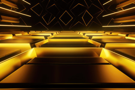 Gold podium color 3D background with geometric shapes for product presentation minimal style, stage. Generative AI.の素材