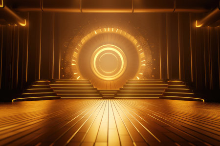 Gold podium color 3D background with geometric shapes for product presentation minimal style, stage. Generative AI.の素材