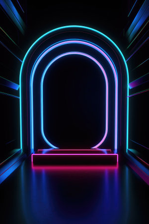 Neon lamp stage background. Glowing futuristic product display stand podium Against Background, neon geometric shape for product display presentation. Generative AI.の素材